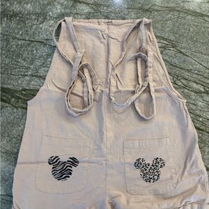 Adult Disney Beige Shorts Overalls with Animal Print Mickey Head Pockets